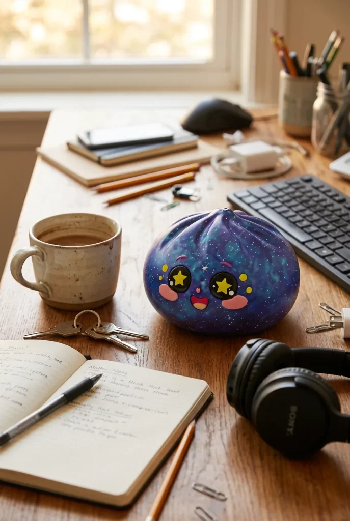 Galaxy Dumpling Squishy Cosmos con Cesta Bambú en un escritorio