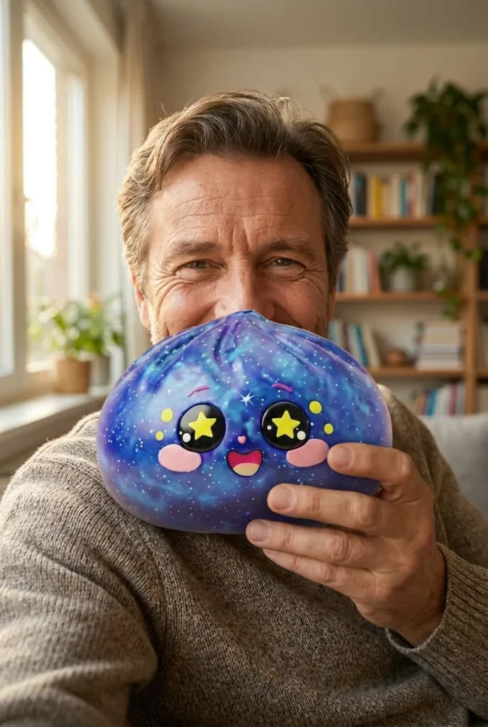 Galaxy Dumpling Squishy Cosmos con Cesta Bambú cerca de la cara