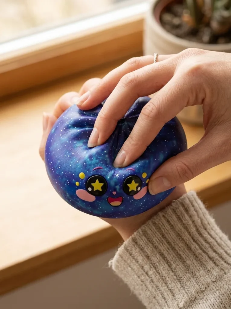 Galaxy Dumpling Squishy Cosmos con Cesta Bambú apretado entre los dedos