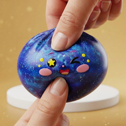 Galaxy Dumpling Squishy Cosmos con Cesta Bambú — efecto slow-rise, la espuma recupera su forma
