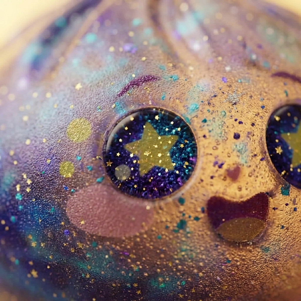 Galaxy Dumpling Squishy Cosmos con Cesta Bambú — primer plano macro de la textura