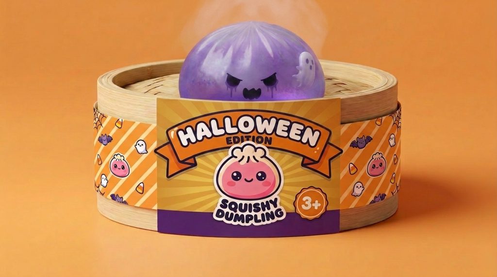 Ghost Dumpling Squishy Boo Fantasma en su cesta de vapor de bambú