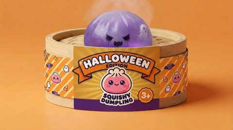Ghost Dumpling Squishy Boo Fantasma en su cesta de vapor de bambú