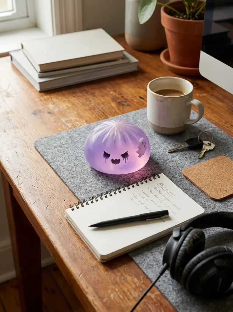 Ghost Dumpling Squishy Boo Fantasma en un escritorio