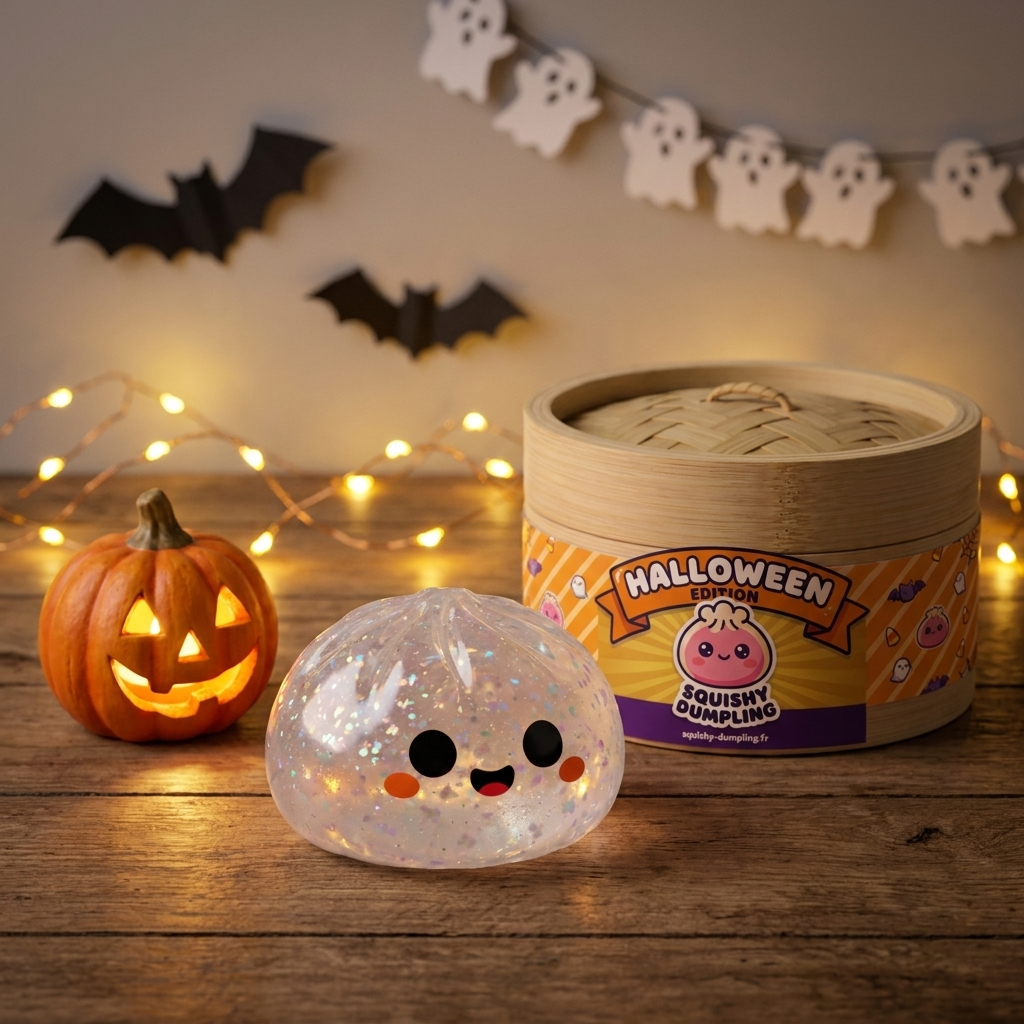 Squishy Dumpling Ghost Halloween Glitter en un ambiente de escritorio