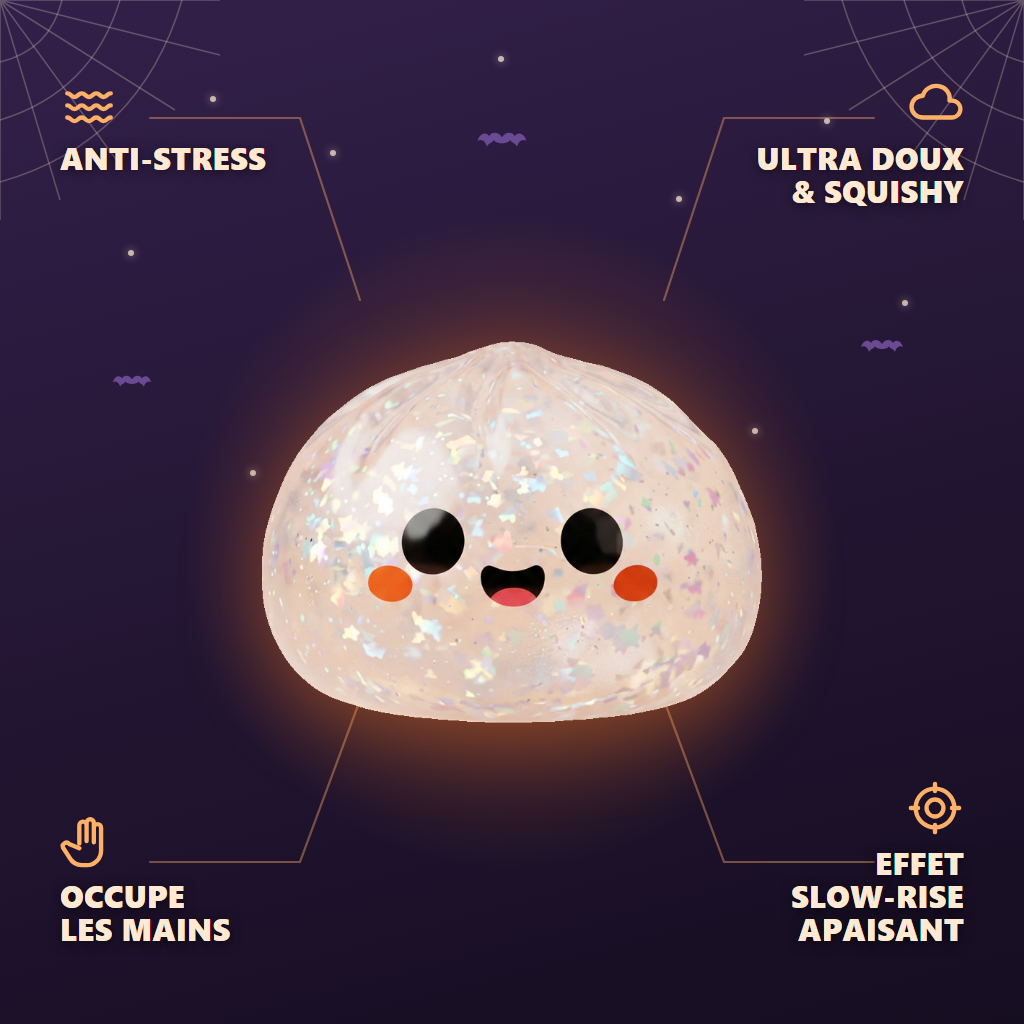 Squishy Dumpling Ghost Halloween Glitter — antiestrés, ultra blando, efecto slow-rise