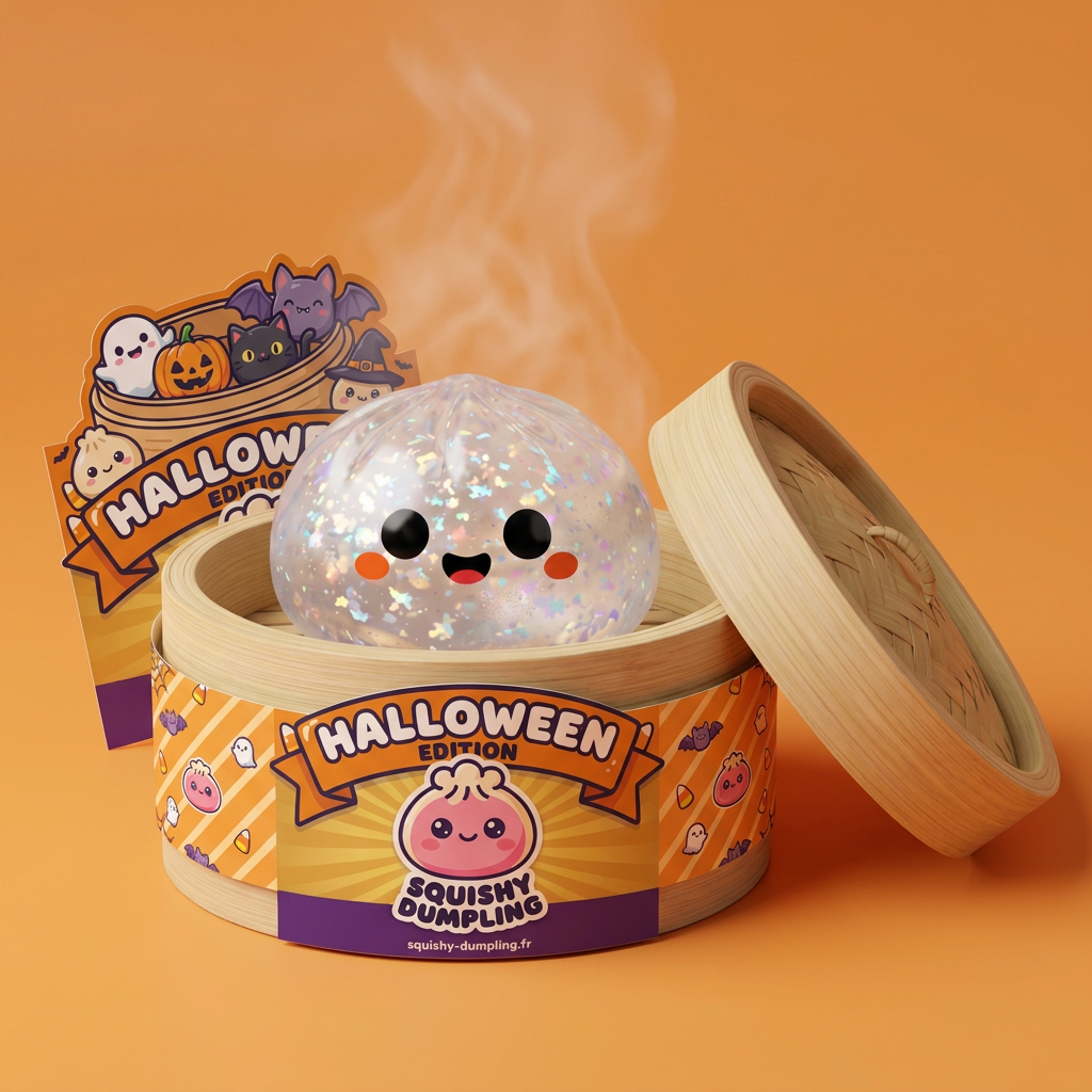 Squishy Dumpling Ghost Halloween Glitter en su cesta de vapor de bambú