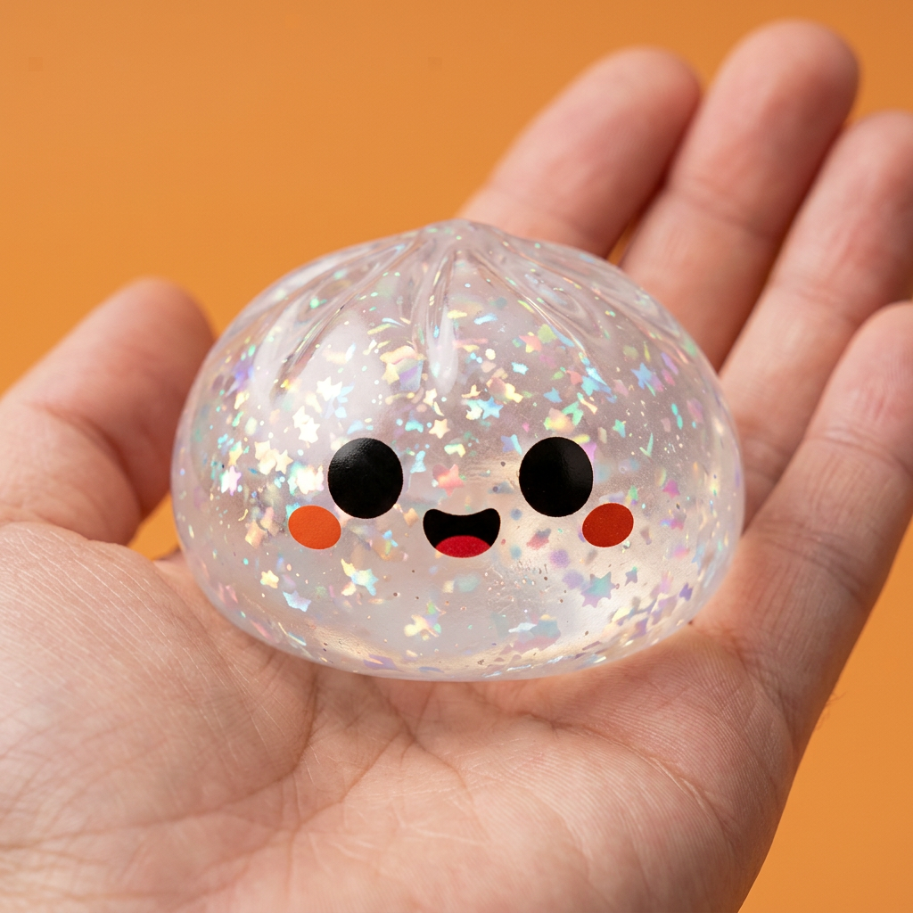 Squishy Dumpling Ghost Halloween Glitter en la mano, tamaño real