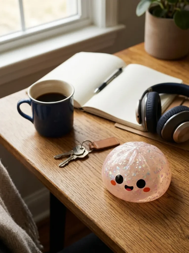 Squishy Dumpling Ghost Halloween Glitter en un escritorio