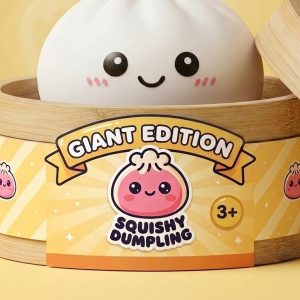 Giant Dumpling Squishy Gigante XXL en su cesta de vapor de bambú