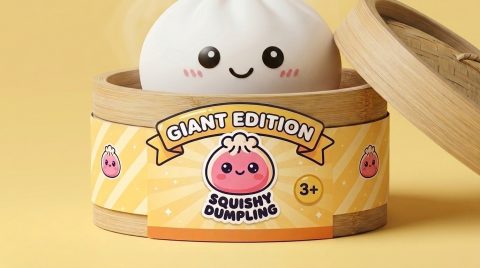 Giant Dumpling Squishy Gigante XXL en su cesta de vapor de bambú