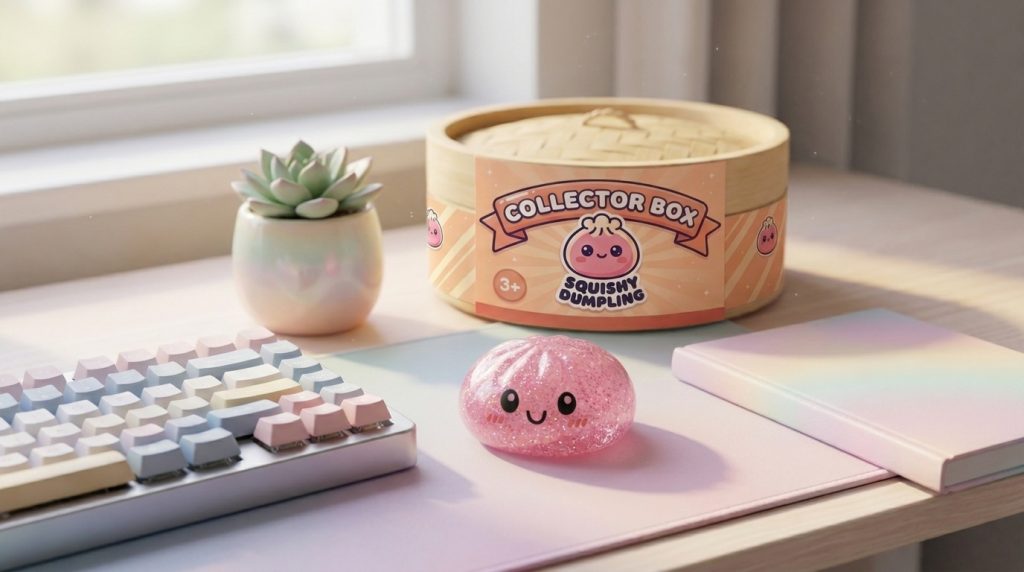 Glitter Dumpling Squishy Set de 6 con Purpurina en un ambiente de escritorio