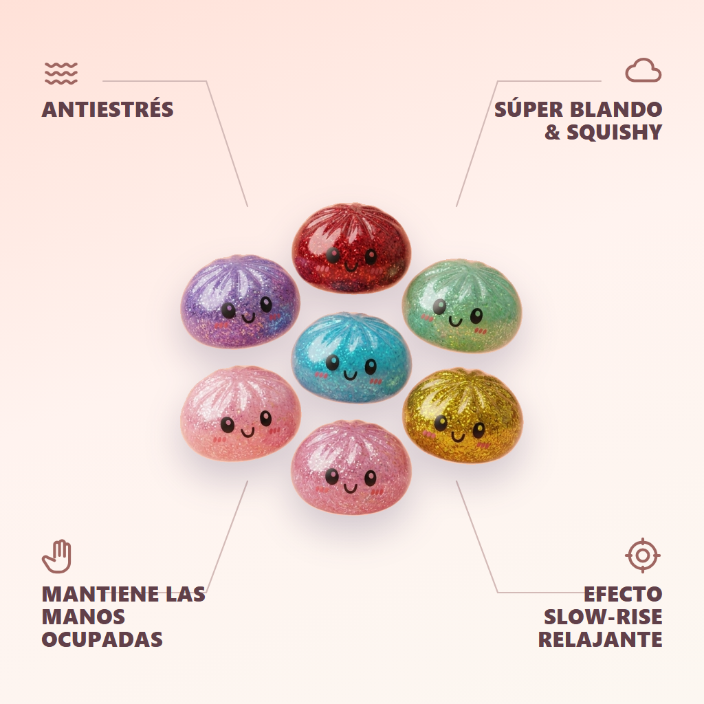 Glitter Dumpling Squishy Set de 6 con Purpurina — antiestrés, ultra blando, efecto slow-rise