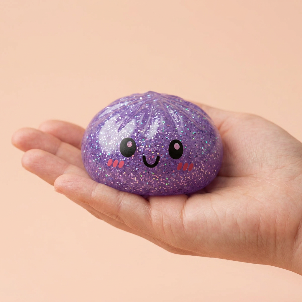 Glitter Dumpling Squishy Set de 6 con Purpurina en la mano, tamaño real