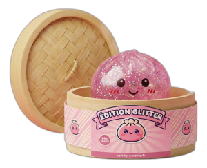 Glitter & Purpurina — dumpling squishy en su caja de vapor efecto bambú