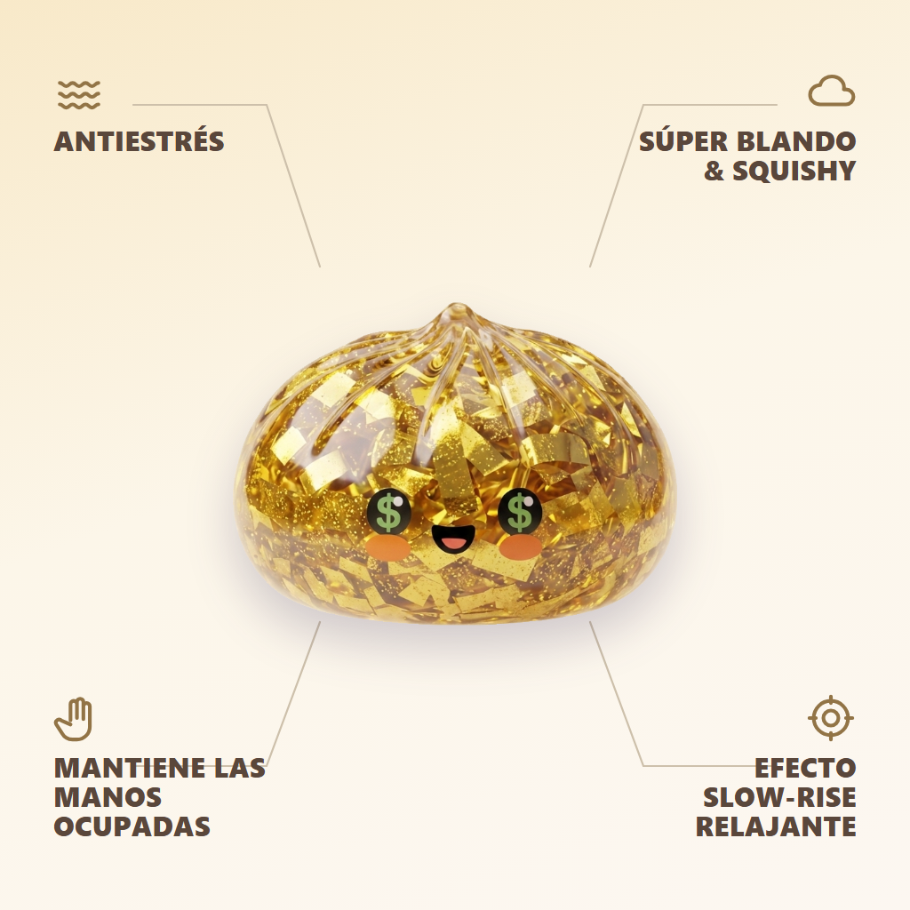 Gold Dumpling Squishy Dorado Edición Rara — antiestrés, ultra blando, efecto slow-rise