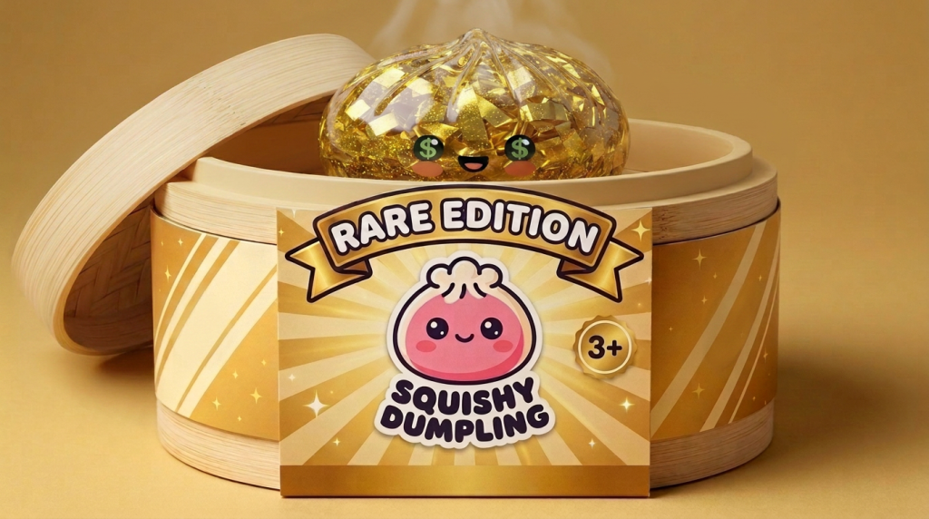 Gold Dumpling Squishy Dorado Edición Rara en su cesta de vapor de bambú