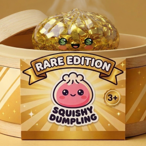 Gold Dumpling Squishy Dorado Edición Rara en su cesta de vapor de bambú