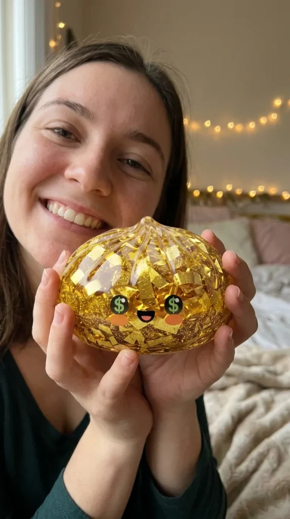 Gold Dumpling Squishy Dorado Edición Rara cerca de la cara