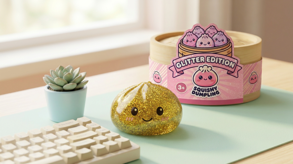 Glitter Dumpling Squishy Oro de Lujo en un ambiente de escritorio