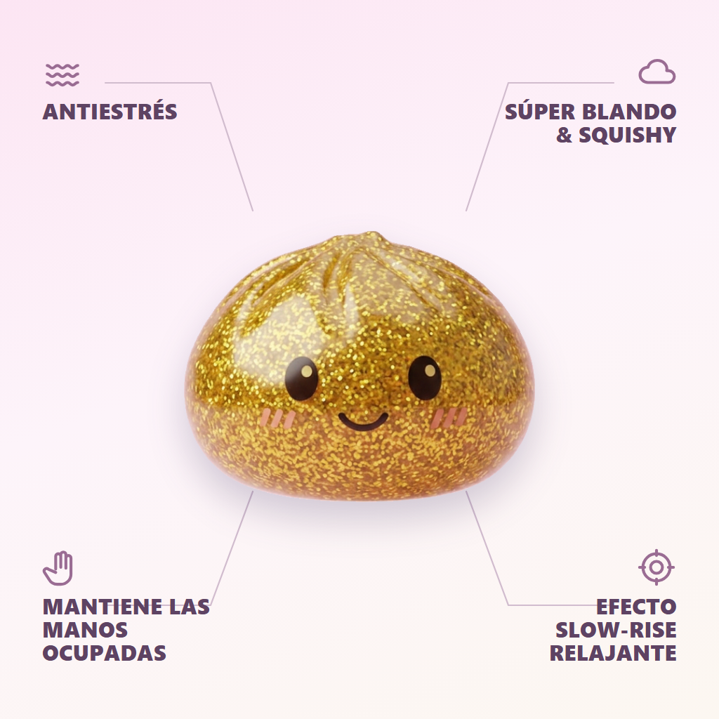 Glitter Dumpling Squishy Oro de Lujo — antiestrés, ultra blando, efecto slow-rise