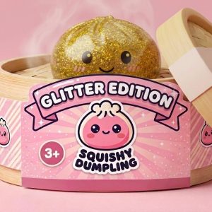 Glitter Dumpling Squishy Oro de Lujo en su cesta de vapor de bambú