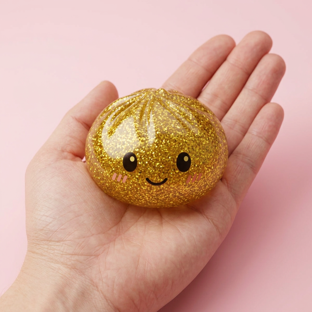 Glitter Dumpling Squishy Oro de Lujo en la mano, tamaño real