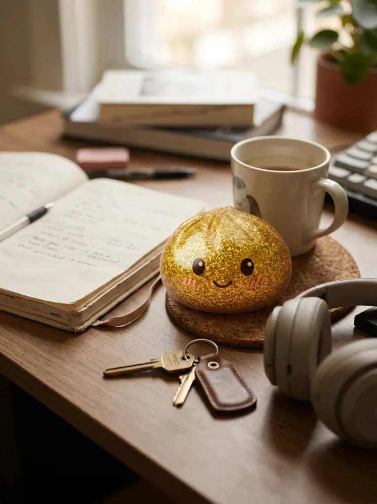 Glitter Dumpling Squishy Oro de Lujo en un escritorio