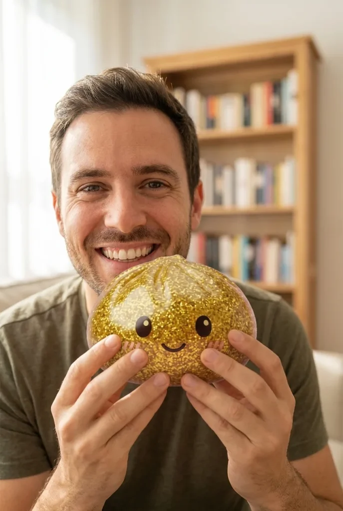 Glitter Dumpling Squishy Oro de Lujo cerca de la cara
