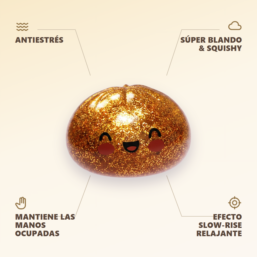 Dumpling Squishy Glitter Or Tesoro Único — antiestrés, ultra blando, efecto slow-rise