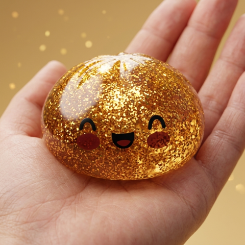 Dumpling Squishy Glitter Or Tesoro Único en la mano, tamaño real