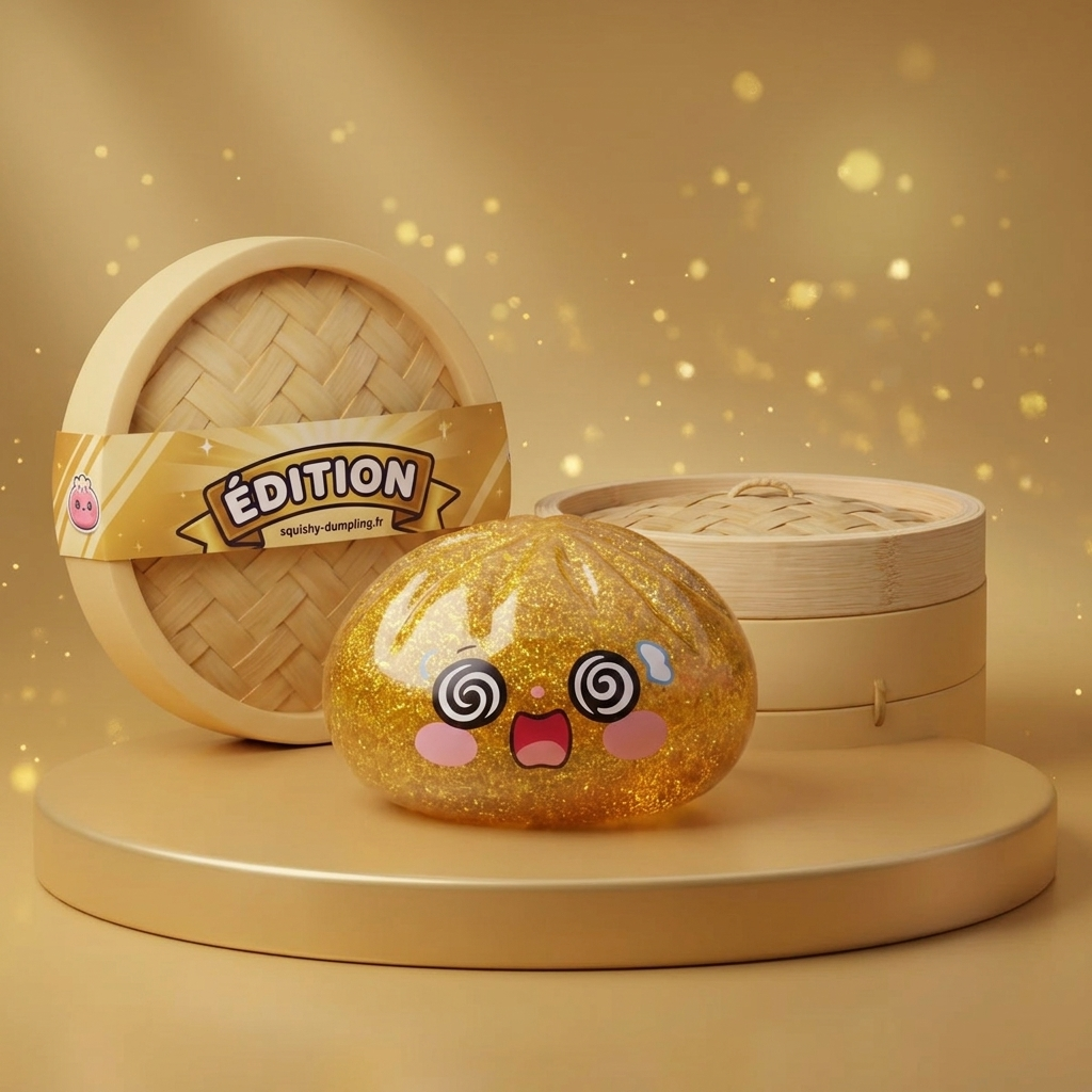 Gold Dumpling Squishy Dorado de la Suerte en un ambiente de escritorio