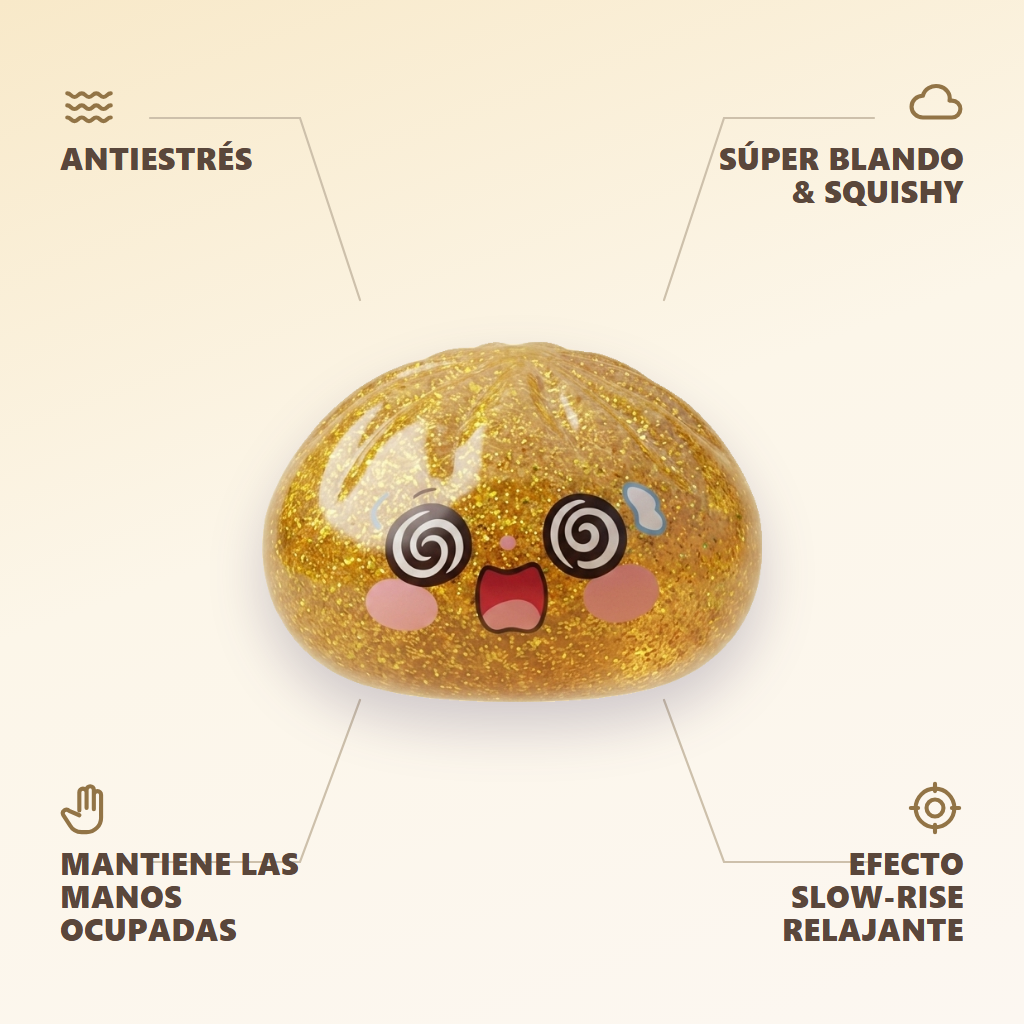 Gold Dumpling Squishy Dorado de la Suerte — antiestrés, ultra blando, efecto slow-rise