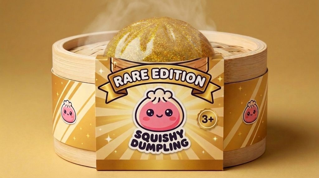 Gold Dumpling Squishy Dorado de la Suerte en su cesta de vapor de bambú