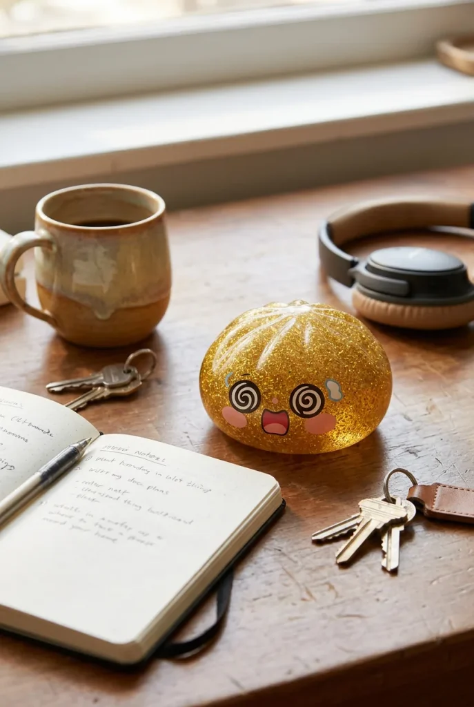 Gold Dumpling Squishy Dorado de la Suerte en un escritorio