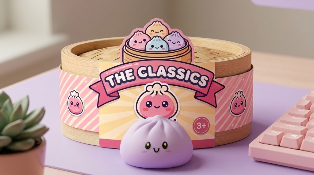 Dumpling Squishy Magenta Clásico en un ambiente de escritorio