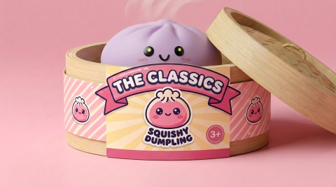 Dumpling Squishy Magenta Clásico en su cesta de vapor de bambú