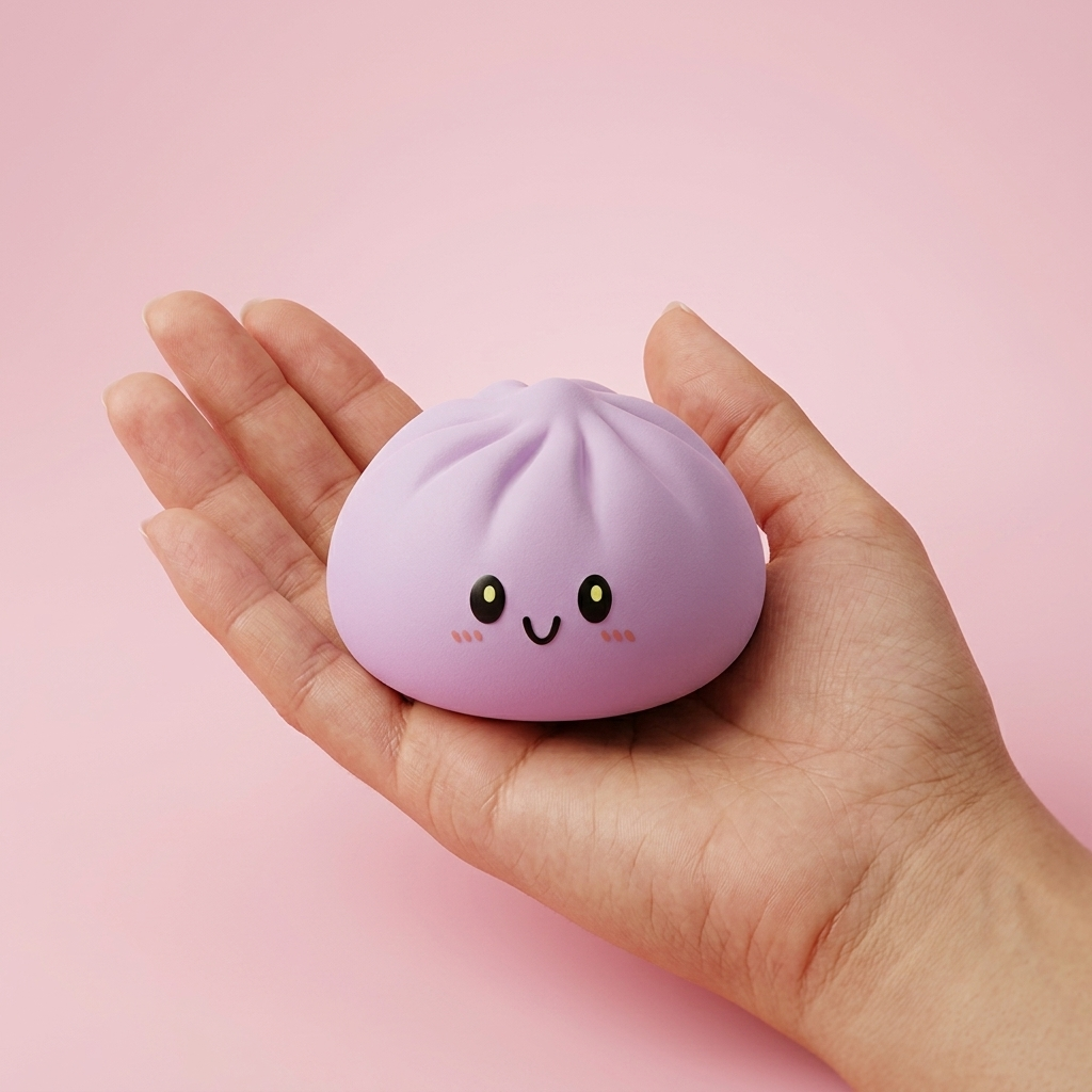 Dumpling Squishy Magenta Clásico en la mano, tamaño real