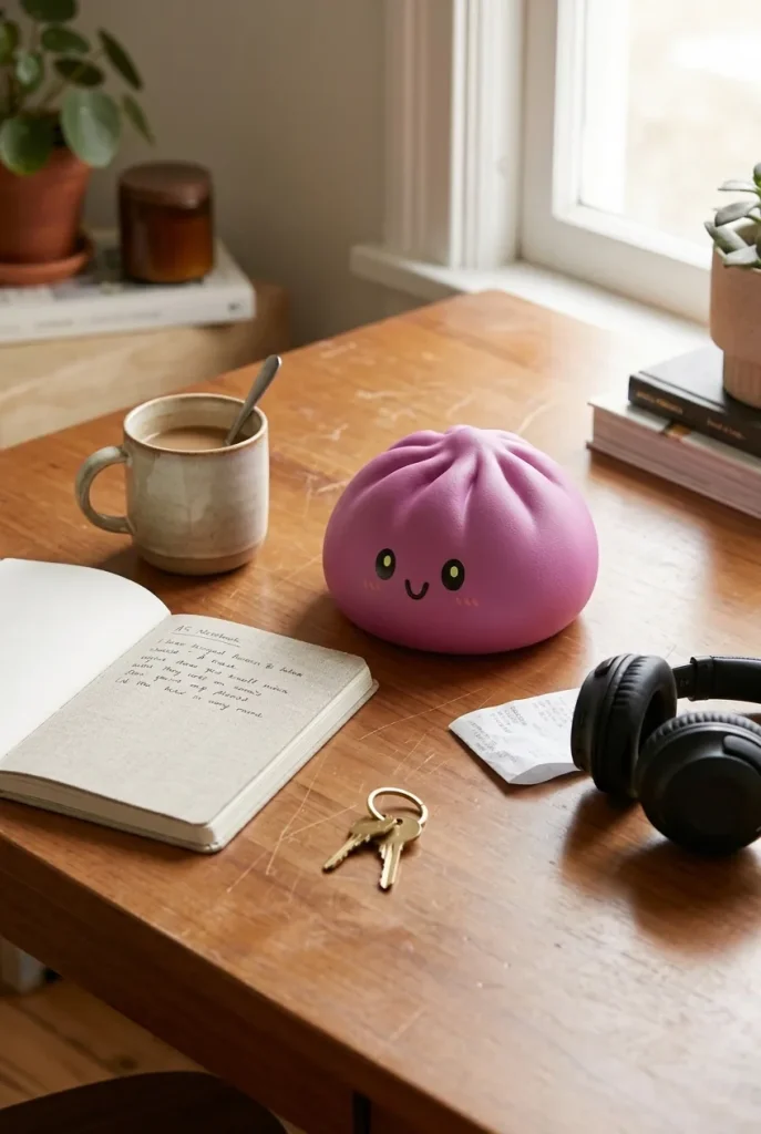 Dumpling Squishy Magenta Clásico en un escritorio