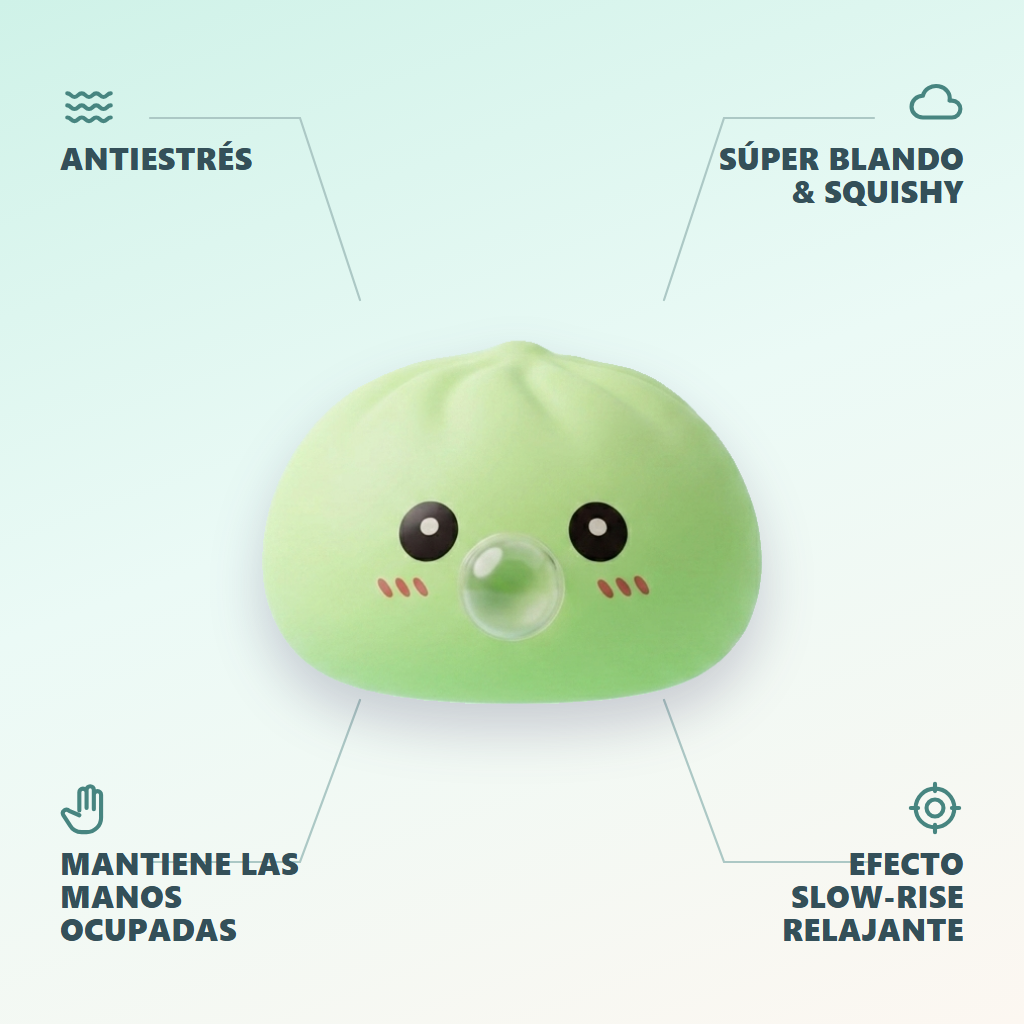 Dumpling Squishy Verde Natural con Cesta de Bambú — antiestrés, ultra blando, efecto slow-rise