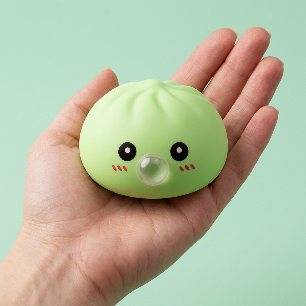 Dumpling Squishy Verde Natural con Cesta de Bambú en la mano, tamaño real