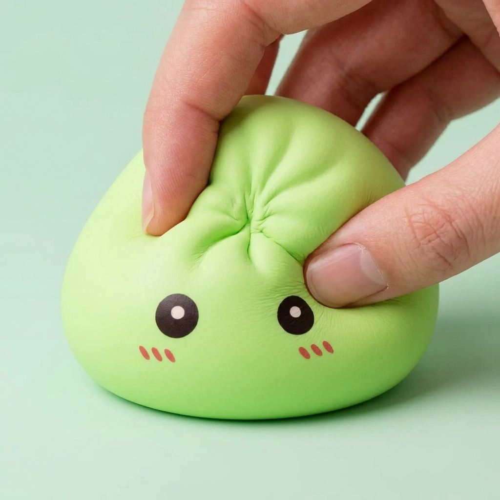 Dumpling Squishy Verde Natural con Cesta de Bambú — efecto slow-rise, la espuma recupera su forma