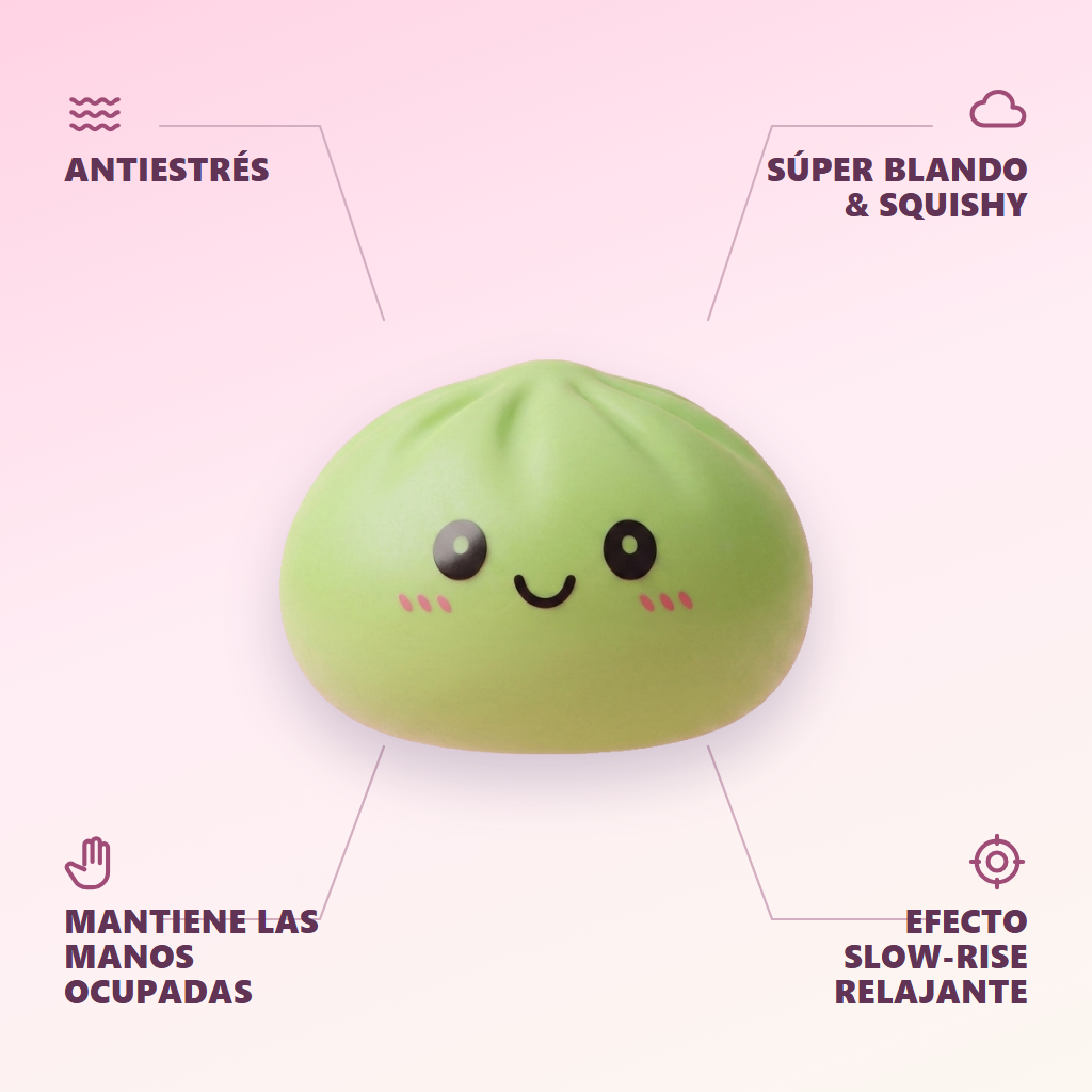Dumpling Squishy Verde Matcha — antiestrés, ultra blando, efecto slow-rise