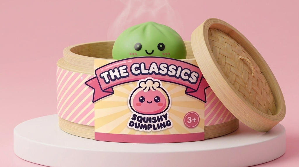Dumpling Squishy Verde Matcha en su cesta de vapor de bambú