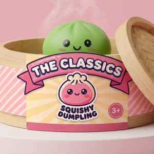 Dumpling Squishy Verde Matcha en su cesta de vapor de bambú