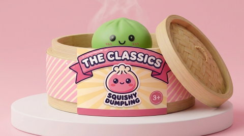 Dumpling Squishy Verde Matcha en su cesta de vapor de bambú