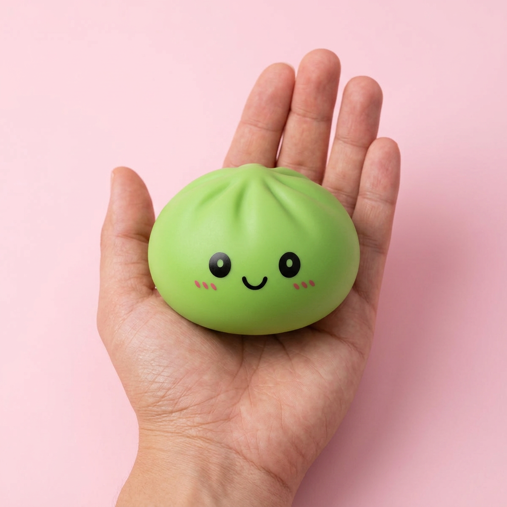 Dumpling Squishy Verde Matcha en la mano, tamaño real