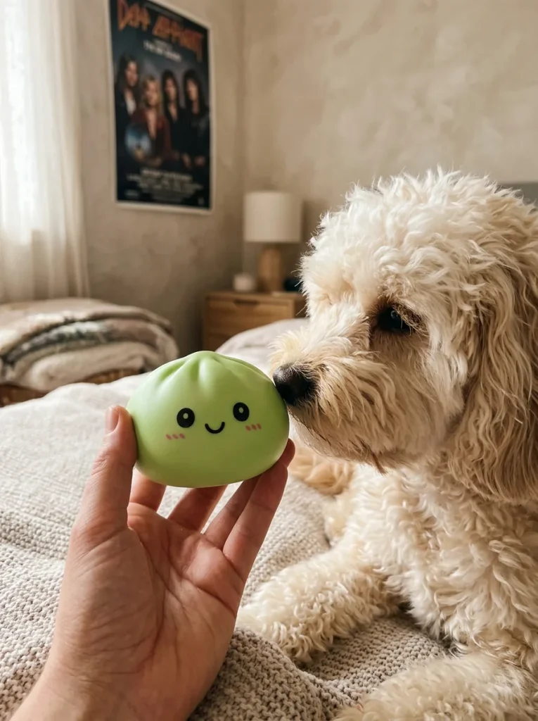 Dumpling Squishy Verde Matcha y un animal