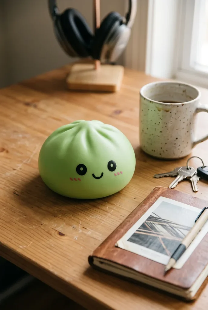 Dumpling Squishy Verde Matcha en un escritorio