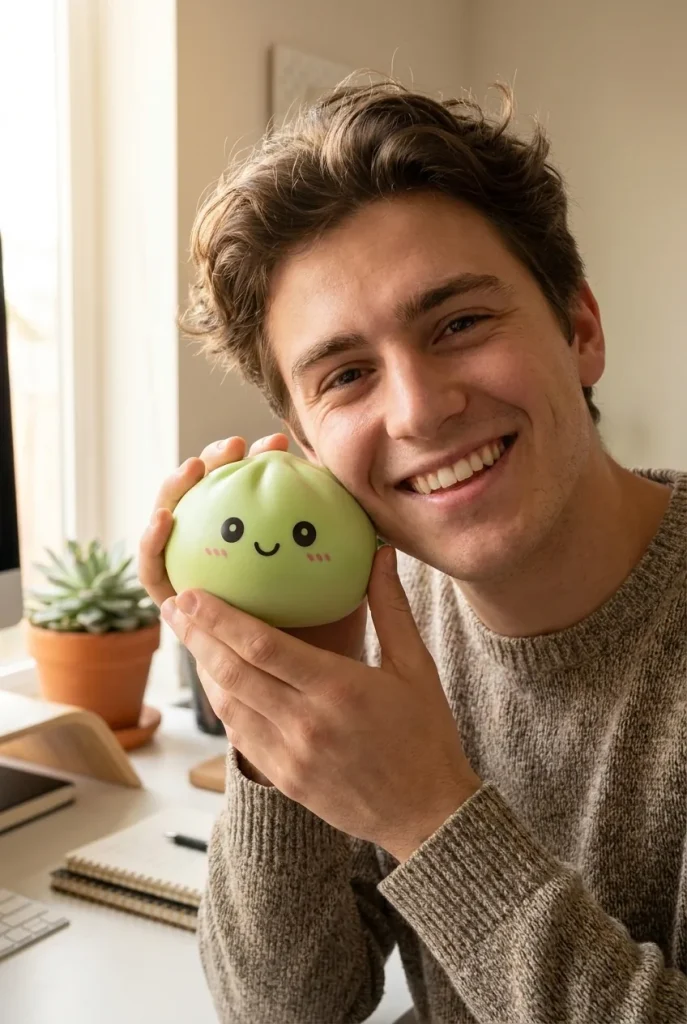 Dumpling Squishy Verde Matcha cerca de la cara